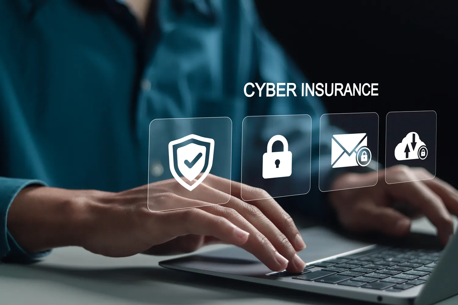 Modern cyber insurance concept: laptop user interacting with glowing icons for protection, encryption, email security, and cloud safety